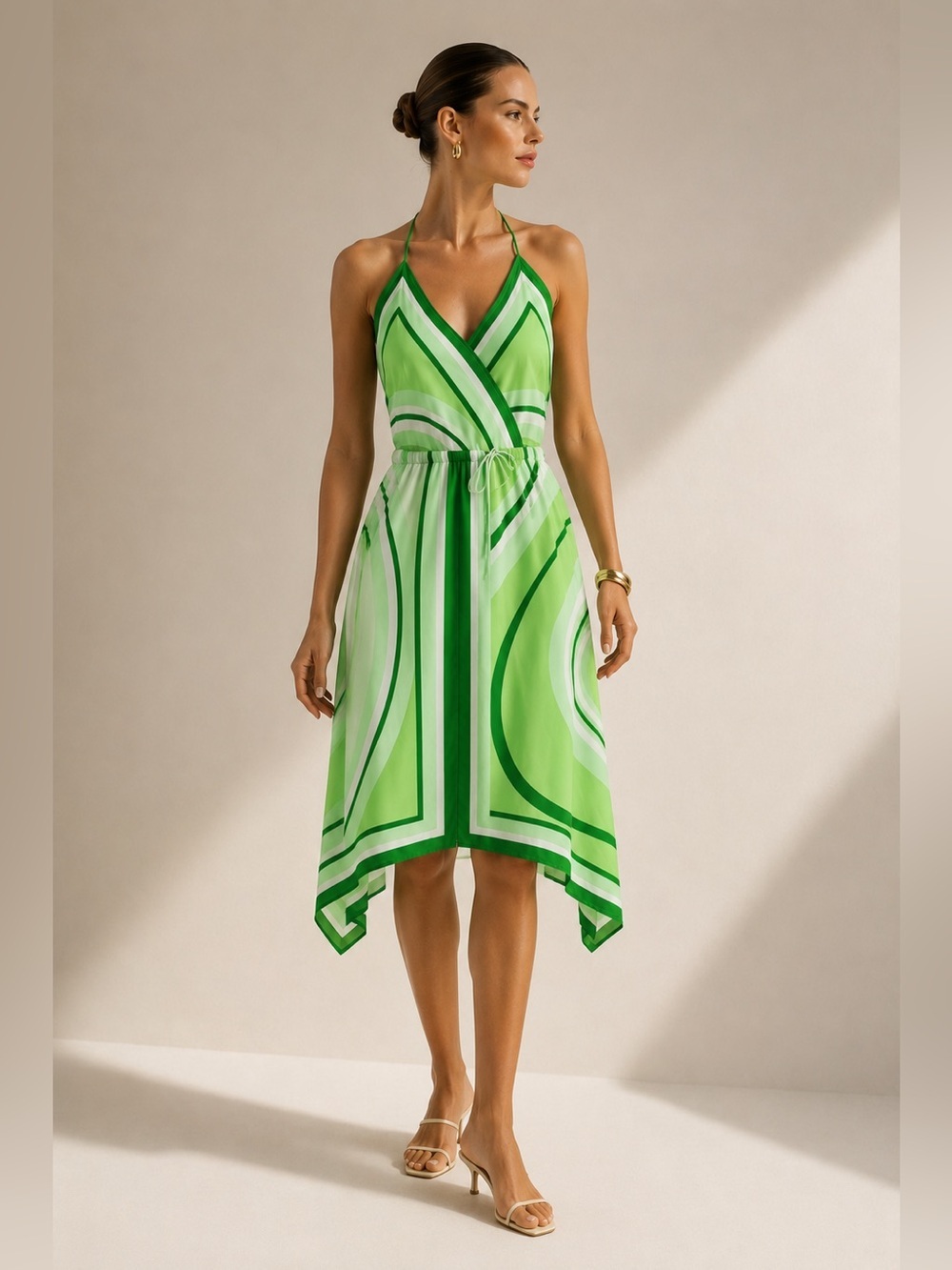 Y2K Banana Republic Silk Halter Dress Green Geometric Print Open Back Resort